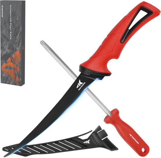 KastKing Intimidator Bait Knife and Filet Knives, Ultra-Sharp G4116 German Stainless-Steel Blades, Fresh or Saltwater, Non-Slip Handle, Durable Storage Bag, and Honing Rod