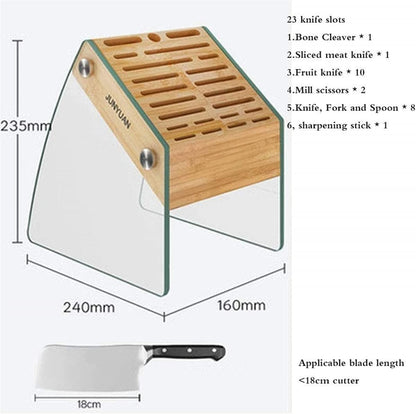 Knife Block Wood Tempered Glass 23 Slot Kitchen Knife Holder Desktop & Easy Storage Empty Knife Block Storage Organiser Without Knives