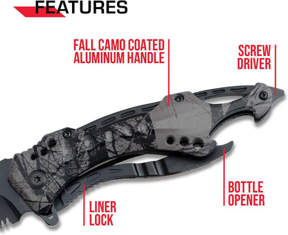 Tac-Force Folding Pocket Knife, 3.25-inch Serrated Blade, Orange Aluminum Handle, 7.75-inch Overall Length TF-705EM
