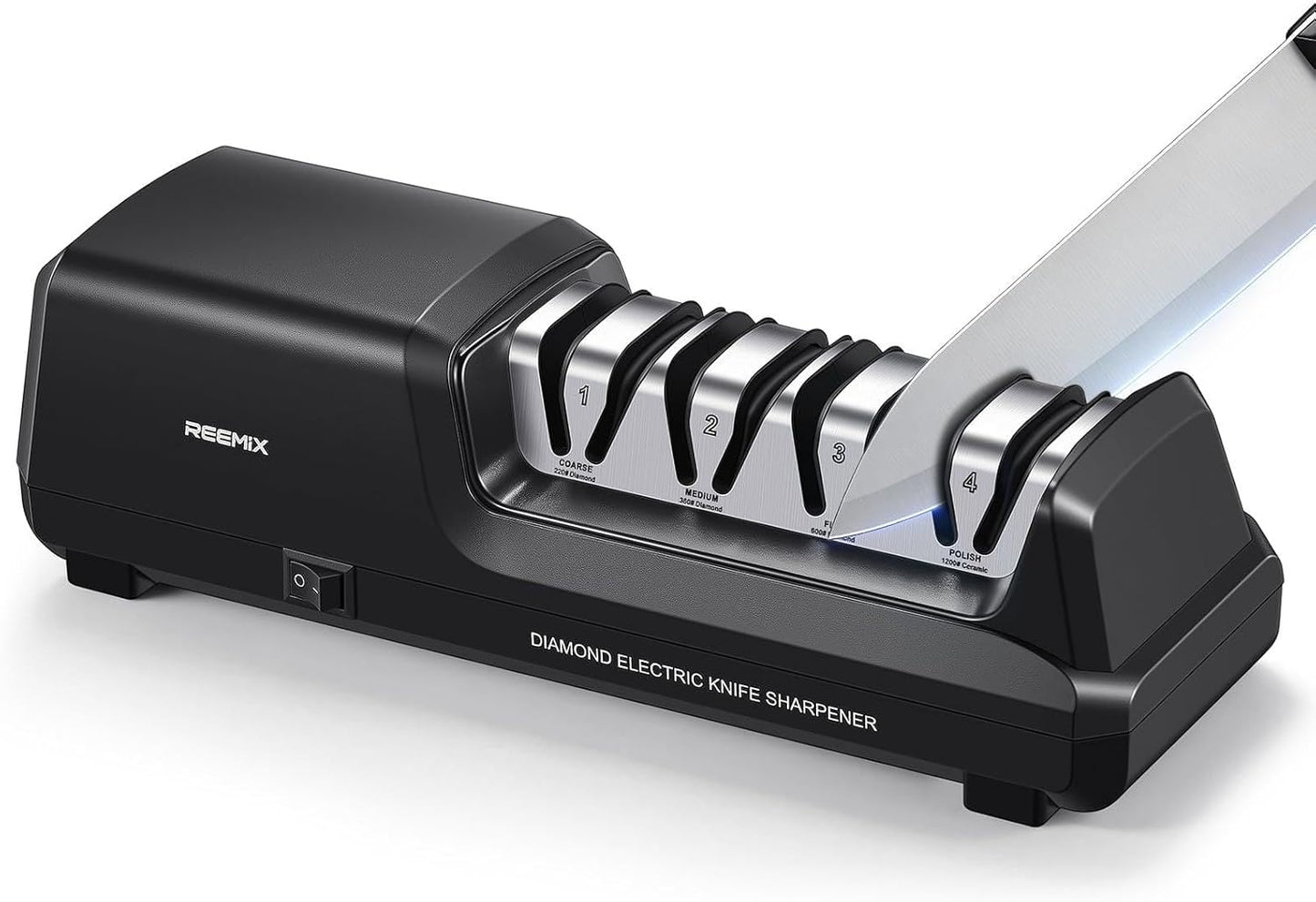Reemix Electric Knife Sharpener with 4-Stage Sharpening (Repair, Coarse, Medium, Fine & Polish), 20° Fixed Angle, Non-Slip Base & Metal Shavings Collector for Kitchen Knives (Sliver)