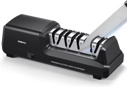 Reemix Electric Knife Sharpener with 4-Stage Sharpening (Repair, Coarse, Medium, Fine & Polish), 20° Fixed Angle, Non-Slip Base & Metal Shavings Collector for Kitchen Knives (Sliver)