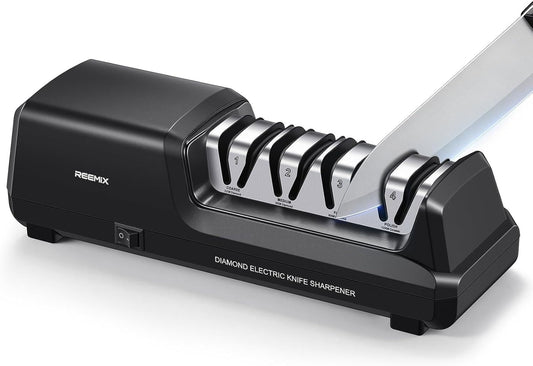 Reemix Electric Knife Sharpener with 4-Stage Sharpening (Repair, Coarse, Medium, Fine & Polish), 20° Fixed Angle, Non-Slip Base & Metal Shavings Collector for Kitchen Knives (Sliver)