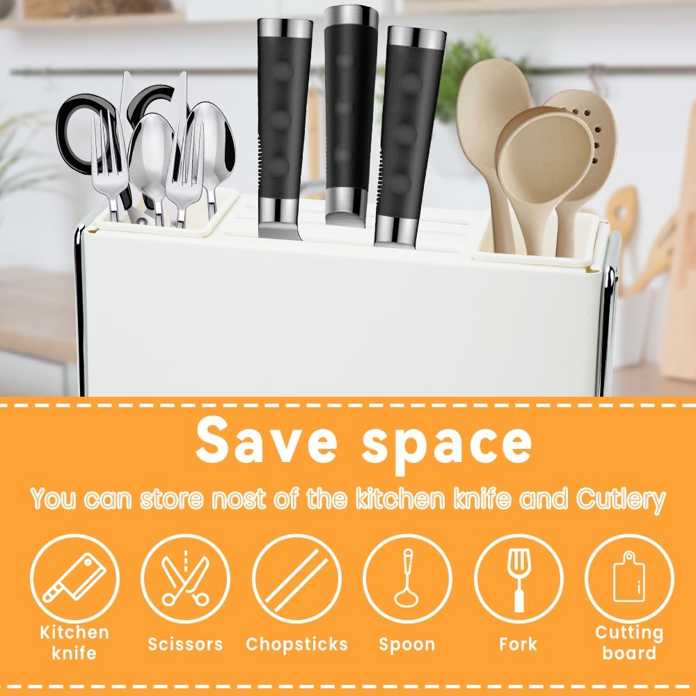 Knife Holder, Knife Block Multifunctional Large Capacity with Cutting Board Organizer, Kitchen Knife Block Utensil Stand Storage for Countertop Kitchen (White)