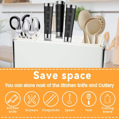 Knife Holder, Knife Block Multifunctional Large Capacity with Cutting Board Organizer, Kitchen Knife Block Utensil Stand Storage for Countertop Kitchen (White)