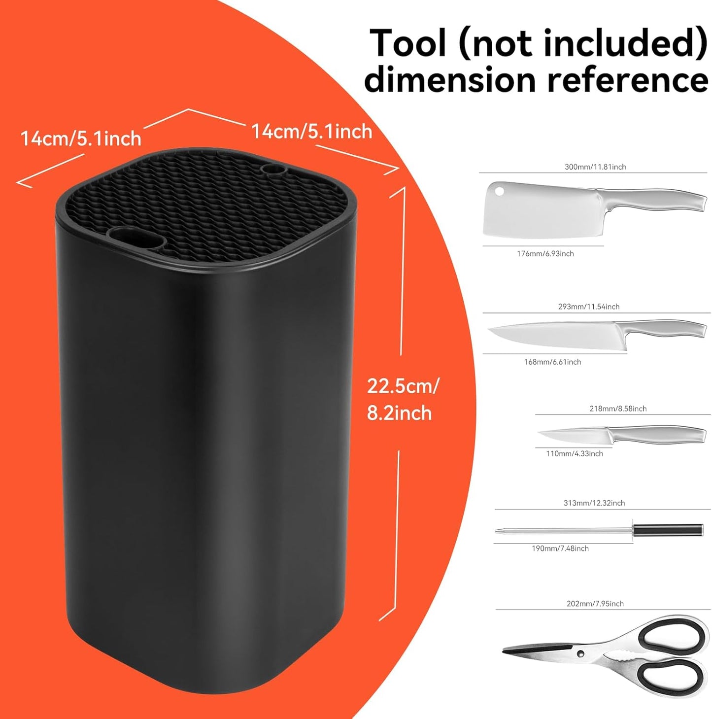 Fohil Knife Block without Knives, Universal Knife Block, Detachable Knife Holder, Space Saver Knife Storage Holder with Scissors Slot, Sharpening Bar Slot, Kitchen Knife Holder Black