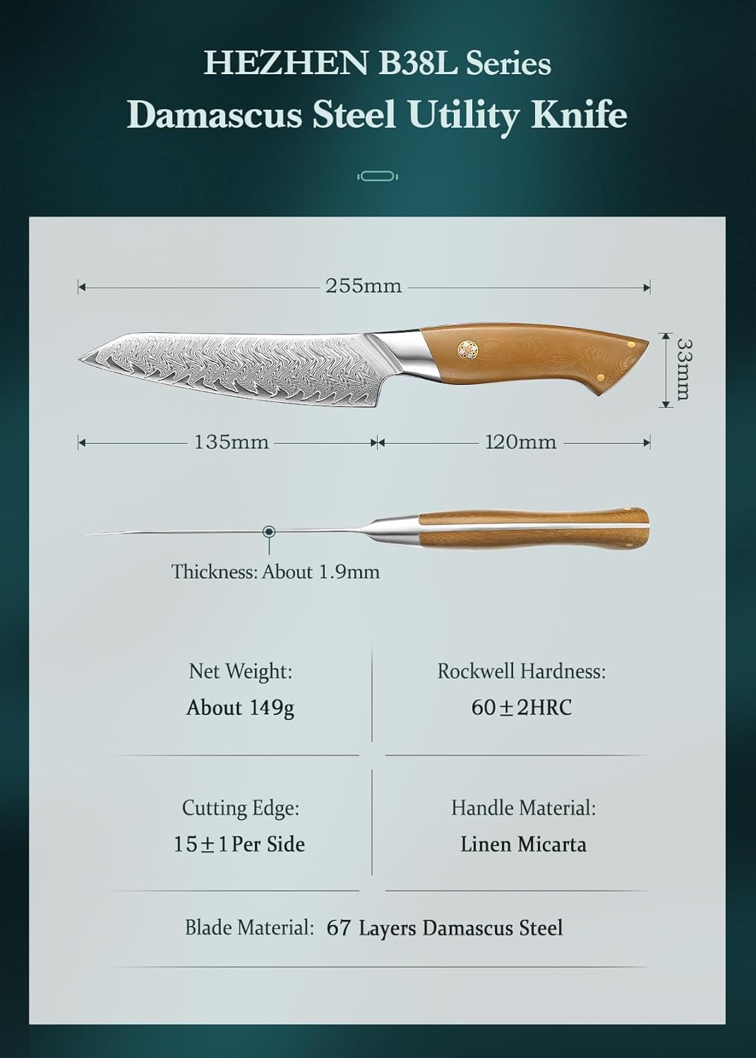 HEZHEN Damascus Chef Knife, 8.5 Inches, 67 Layers Damascus Steel, Professional Japanese Kitchen Knife for Chefs and Home Cooking, Ultra-sharp Blade with Linen Micarta Handle, Gift Packing