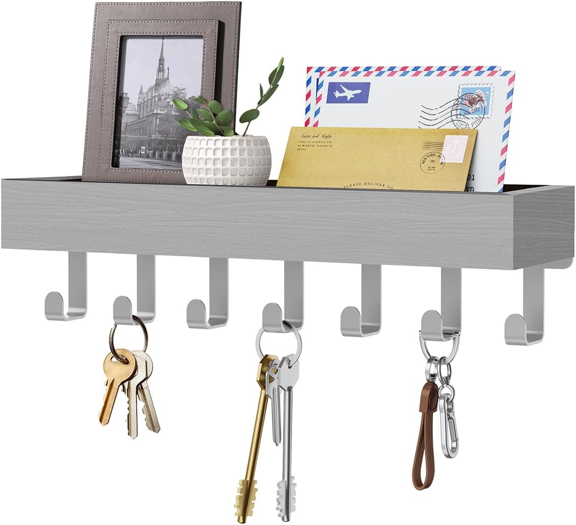 Key Holder Wall Mount Adhesive Magnetic - Hanging Key Hooks with Mail Organizer Tray for Wallet House - Keys Hanger Rack with Shelf for Camper Entryway Door Home Living Room Decor Large Black