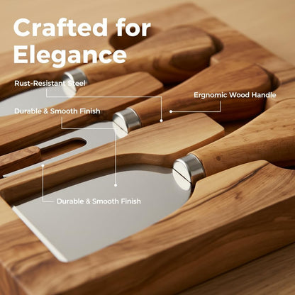 Tephra & Form Cheese Knives Set with Premium Olive Wood Holder | Stainless Cheese Knifes for Charcuterie Board & Cheese Spread | Housewarming Gift for Party, Wedding, and Christmas - 3 Piece Set