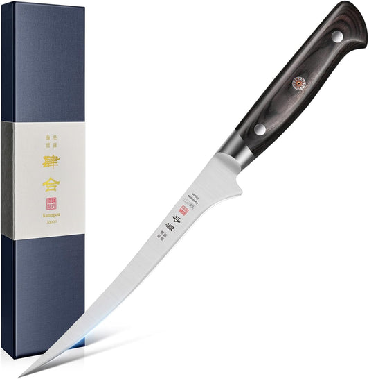 kanngou 7 Inch Fillet Knife for Fish, Japan AUS-8 Alloy Steel Boning Knife for Meat with Full-Tang Pakkawood Handle, Kitchen Knives with Premium Gift Box (Classic Series)