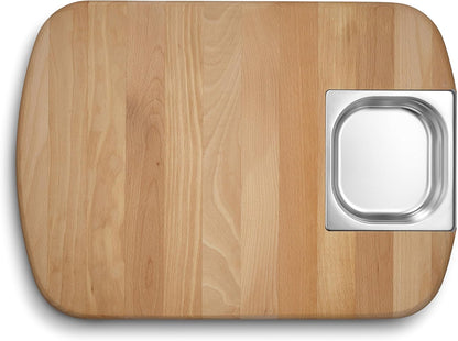 Hybrid Beechwood Carving and Cutting Board with Stainless Steel Drip Tray, Carrying Handle, and Juice Trenches, Double-Sided