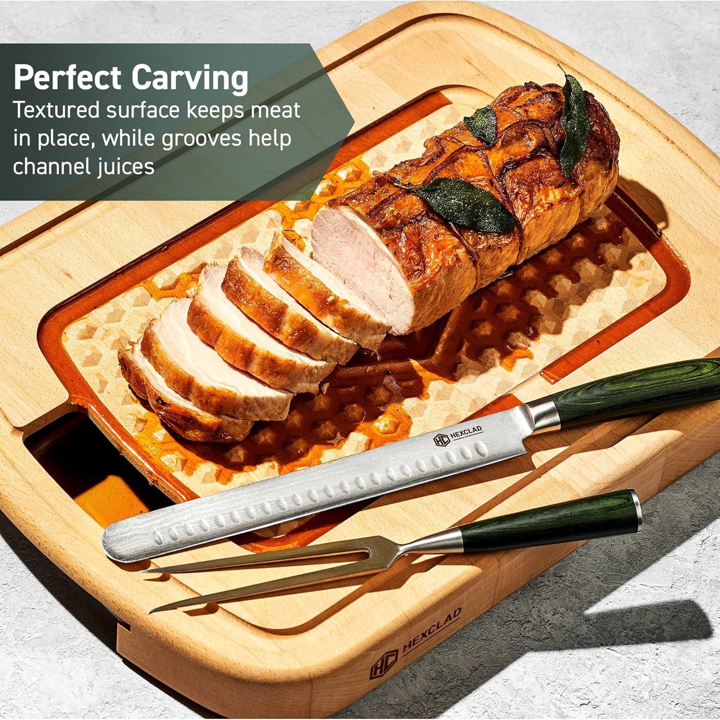 Hybrid Beechwood Carving and Cutting Board with Stainless Steel Drip Tray, Carrying Handle, and Juice Trenches, Double-Sided