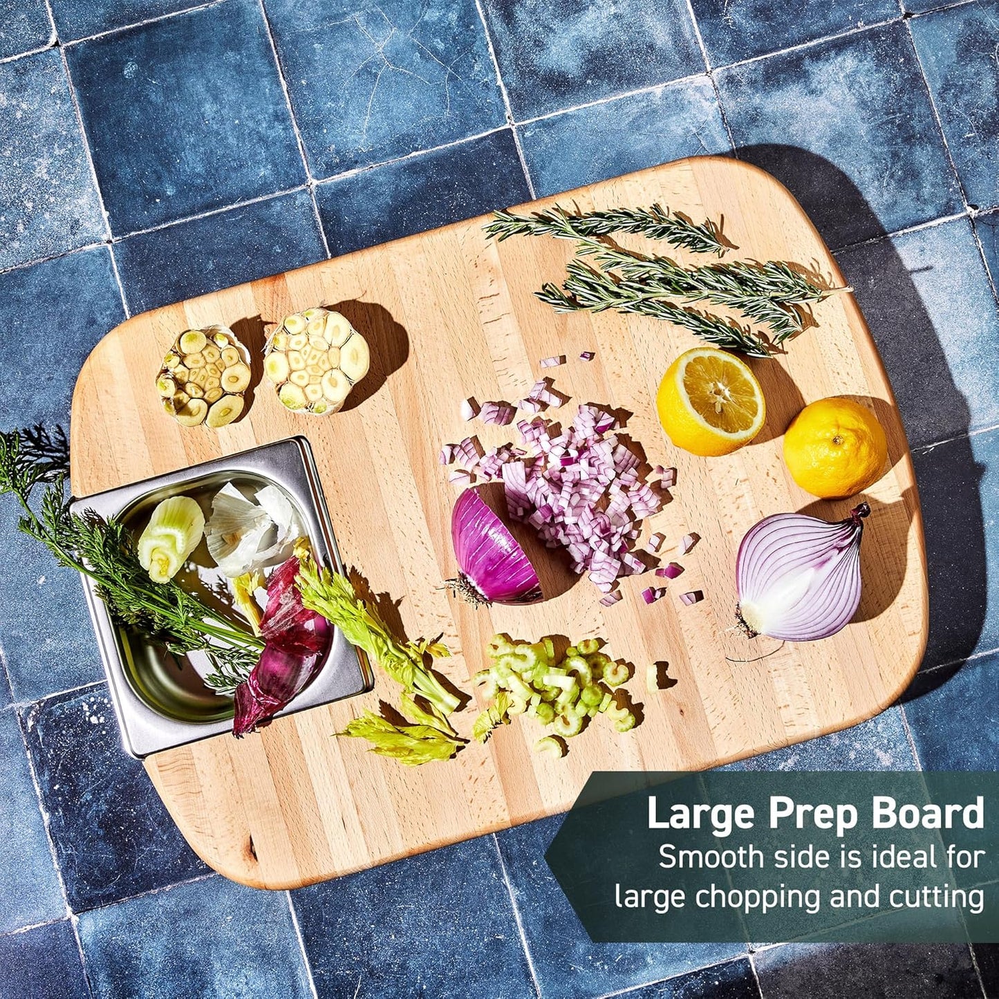 Hybrid Beechwood Carving and Cutting Board with Stainless Steel Drip Tray, Carrying Handle, and Juice Trenches, Double-Sided