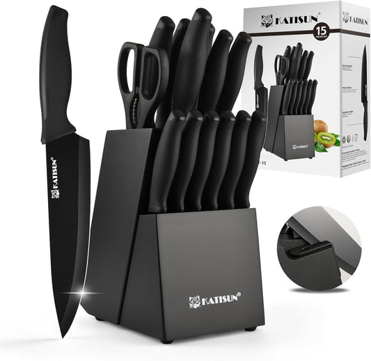 15-Piece White Kitchen Knife Set with Built-in Sharpening Stone, Ergonomic Triple Rivet Fixed Handles, Dishwasher Safe