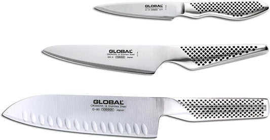 Global 3 Piece Knife Set - 7 inch Hollow Ground Santoku, 5 inch Utility, 3 1/2 Paring, Lightweight Japanese Stainless Steel, Razor Sharp Edge, Made in Japan, G-80338