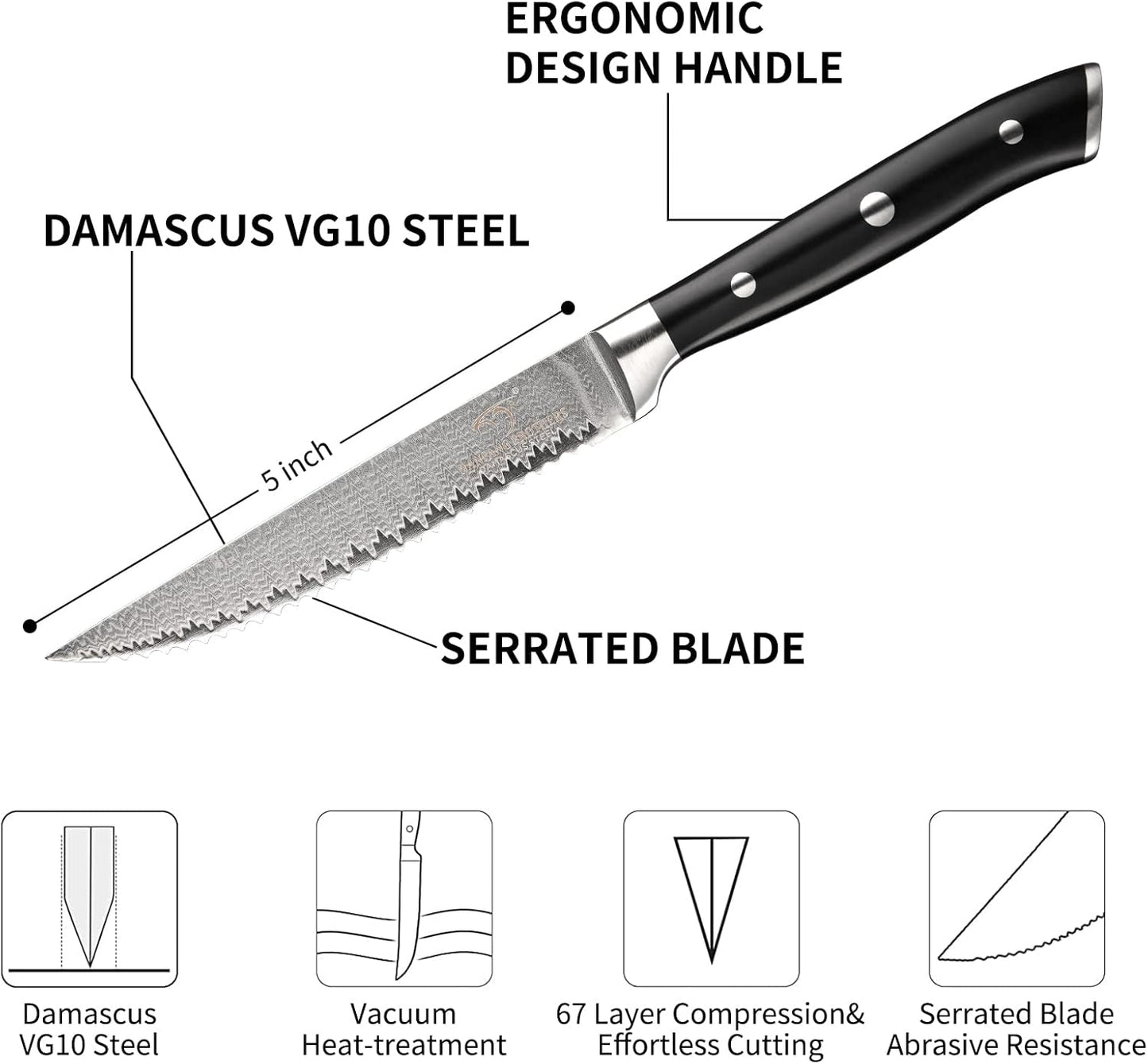 Damascus Knife Set with Block for Kitchen, 7-Piece VG10 Damascus Steel Kitchen Knife Set with Triple-Rivet Handles, Chef, Bread & Santoku Knives, Shears, Natural Wooden Block