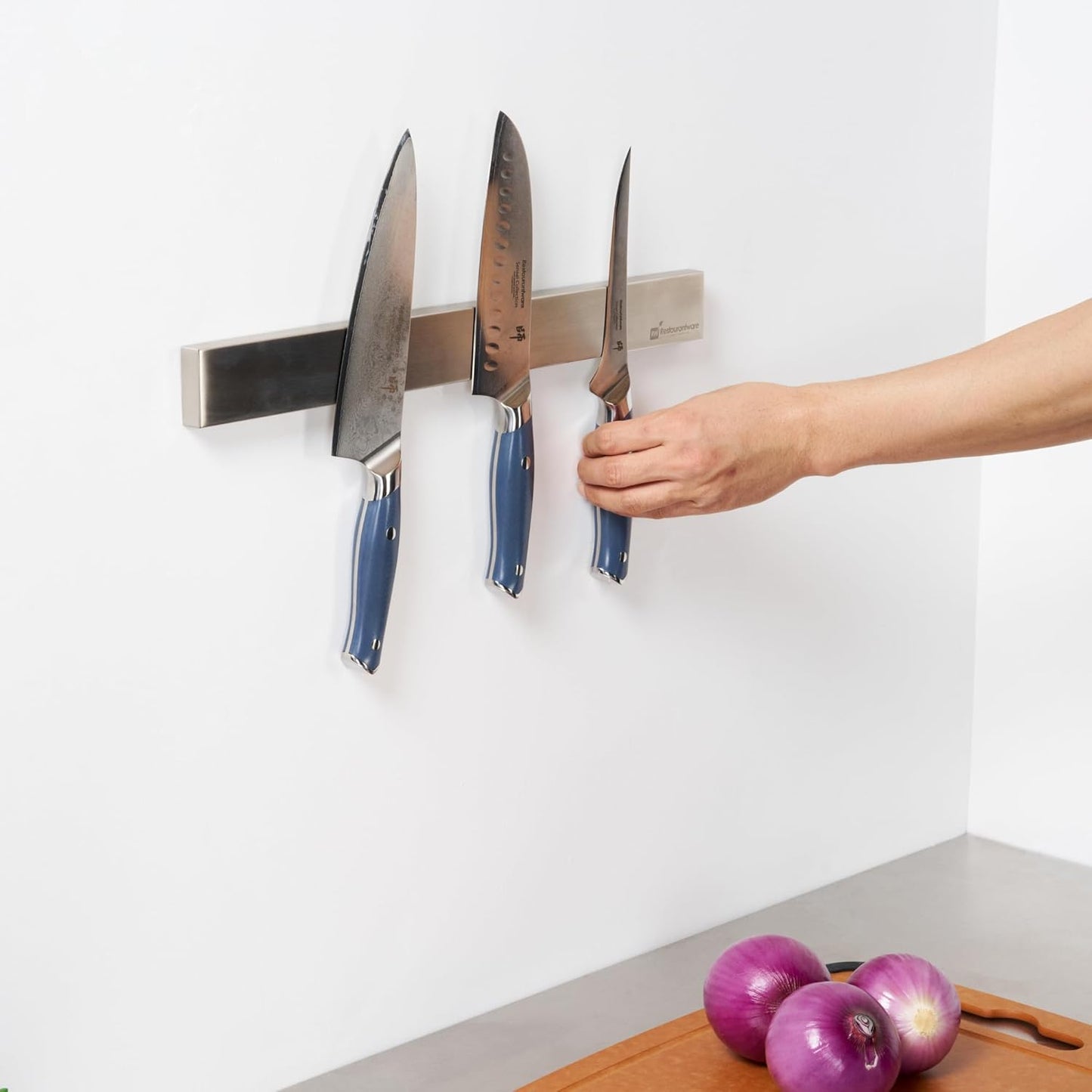 Restaurantware Eco Tek 17.7 Inch Magnetic Knife Holder For Wall 1 Powerful Knife Magnetic Strip - Space-Saving Organizer Securely Hang Kitchen Utensils or Tools Natural Wood Knife Hanger