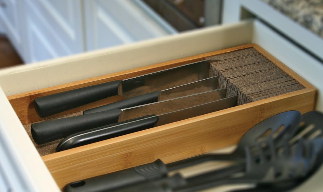 KNIFEdock Bamboo Knife Organizer for Kitchen Drawers – 15” In-Drawer Knife Block with Cork Composite – Space-Saving, Safe Storage for Your Knives