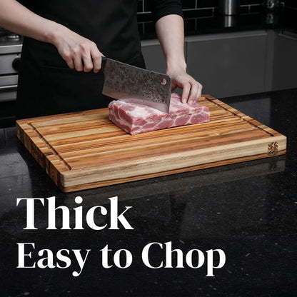 Teak Wood Cutting Board 18" x 14" x 0.6", 2-Piece Set for Kitchen Meat & Food Prep - Large Thin Edge Grain, Deep Juice Groove, Lightweight Solid Hardwood, Non-Toxic, BPA Free by New M Way