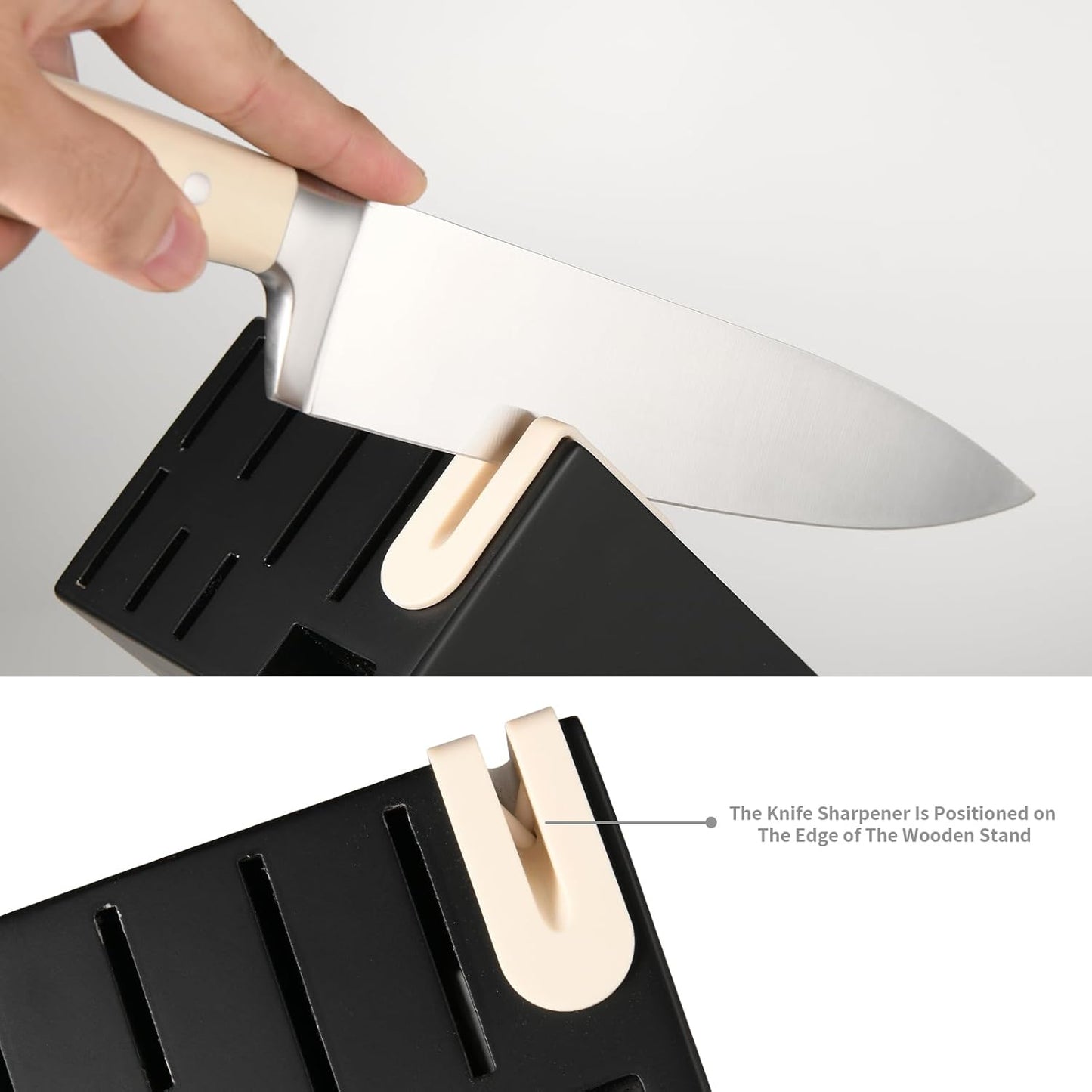 Kitchen Knife Set,14-Piece Knife Set With Block Wooden, Self Sharpening For Chef Knife Set, High Carbon German Stainless Steel Hammered Collection Knife Block Set, Dishwasher Safe Cutlery, Cream