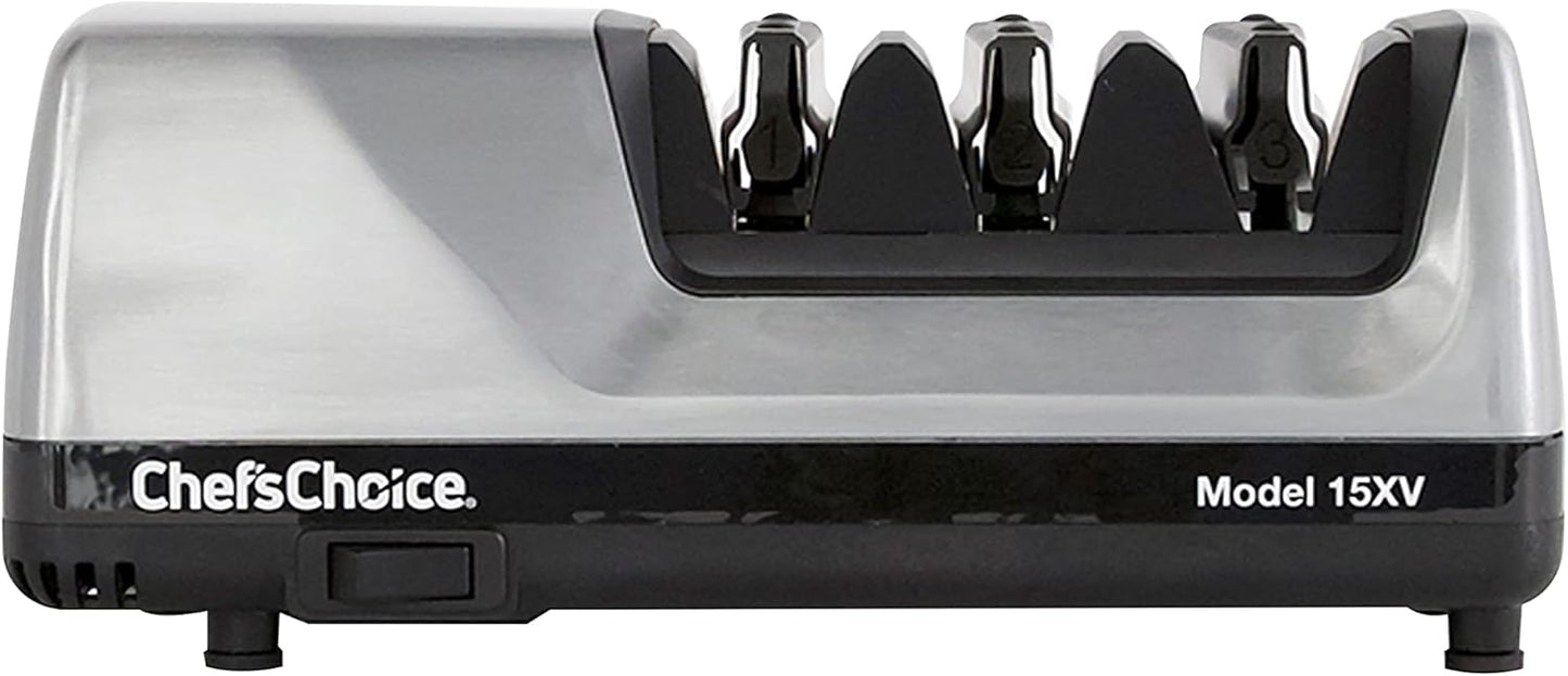 Chef'sChoice 15XV Professional Electric Knife Sharpener with Durable Metal Housing & 100-Percent Diamond Abrasives and Precision Angle Guides for Straight Edge and Serrated Knives, 3-Stage, Metallic