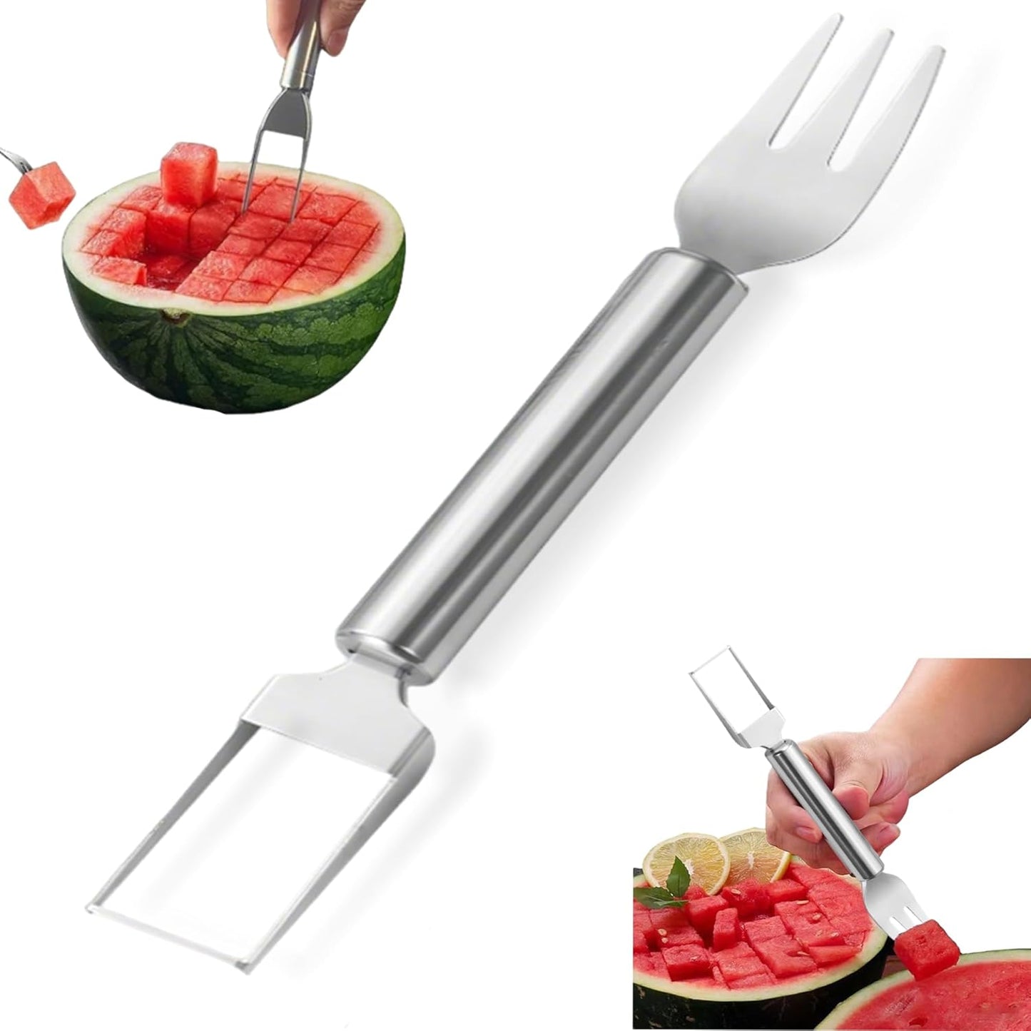 Watermelon Cutter, 2-in-1 Stainless Steel Fruit Cutter, Dual Head Watermelon Fork Slicer Tool, Summer Fruit Cutting Kitchen Gadget for Home (2PCS)