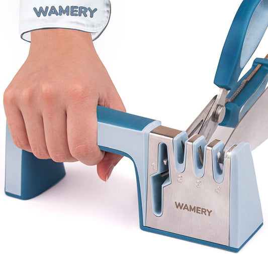 Wamery Knife & Scissors Sharpener, 4-Stage Pull-Through with Scissors Slot, Diamond & Ceramic Stages, Non-Slip Base, Ergonomic Handle - Restores Straight & Lightly Serrated Edges