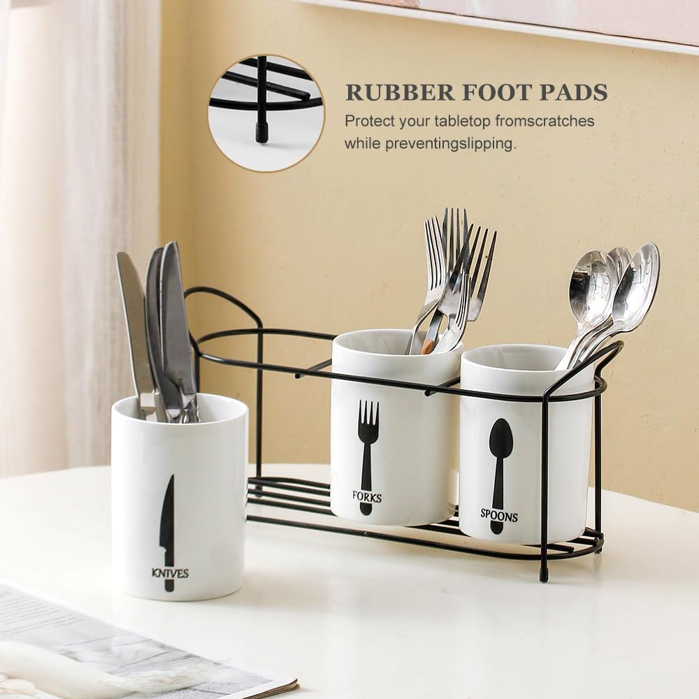 3-Piece White Ceramic Silverware Cutlery Holder with Black Metal Rack, Utensil Holder Flatware Caddy Cutlery Storage Organizer for Kitchen and Countertop (White)
