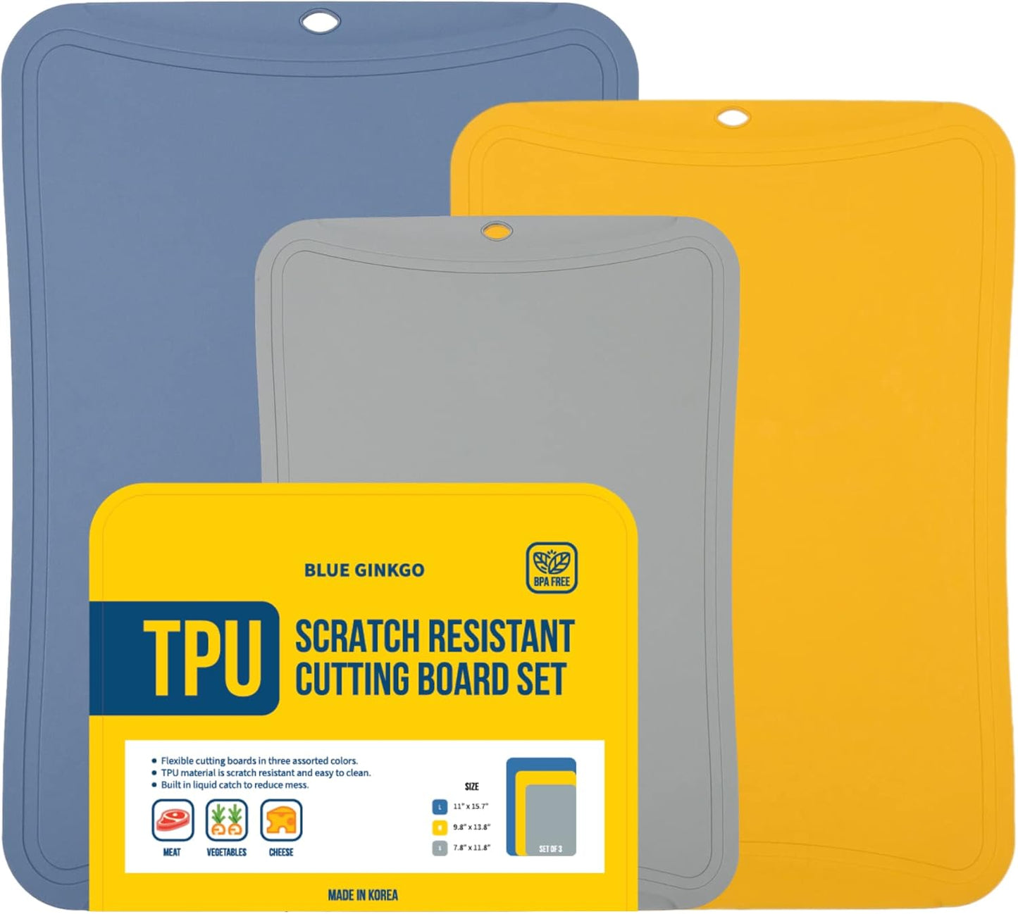 Blue Ginkgo TPU Cutting Mats [Set of 3] – Korean-Made Flexible, Knife-Friendly, Durable Kitchen Cutting Boards (Red, Blue, Yellow)