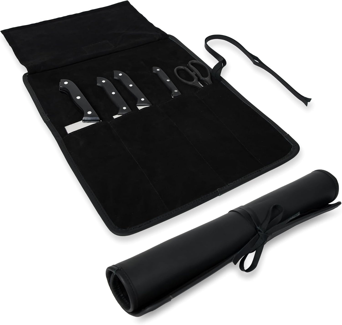 Leather Knife Roll Bag for Professional Chefs 4 Slot Full Grain and Suede Leather Knife Case Handmade Culinary Tool Roll Organizer for Travel, Kitchen and Outdoor Cooking (Black)
