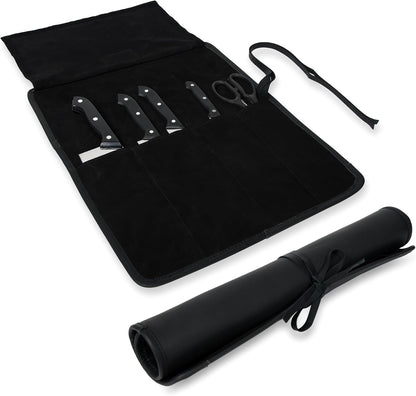 Leather Knife Roll Bag for Professional Chefs 4 Slot Full Grain and Suede Leather Knife Case Handmade Culinary Tool Roll Organizer for Travel, Kitchen and Outdoor Cooking (Black)