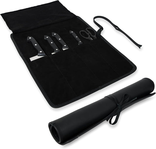 Leather Knife Roll Bag for Professional Chefs 4 Slot Full Grain and Suede Leather Knife Case Handmade Culinary Tool Roll Organizer for Travel, Kitchen and Outdoor Cooking (Black)