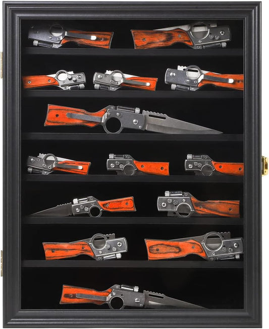 Jinchuan Knife Display Case - Pocket Knife Stand for Collections - Military Folding Knife Shadow Box Wall Cabinet with Uv Protection Acrylic Lockable,Small Black