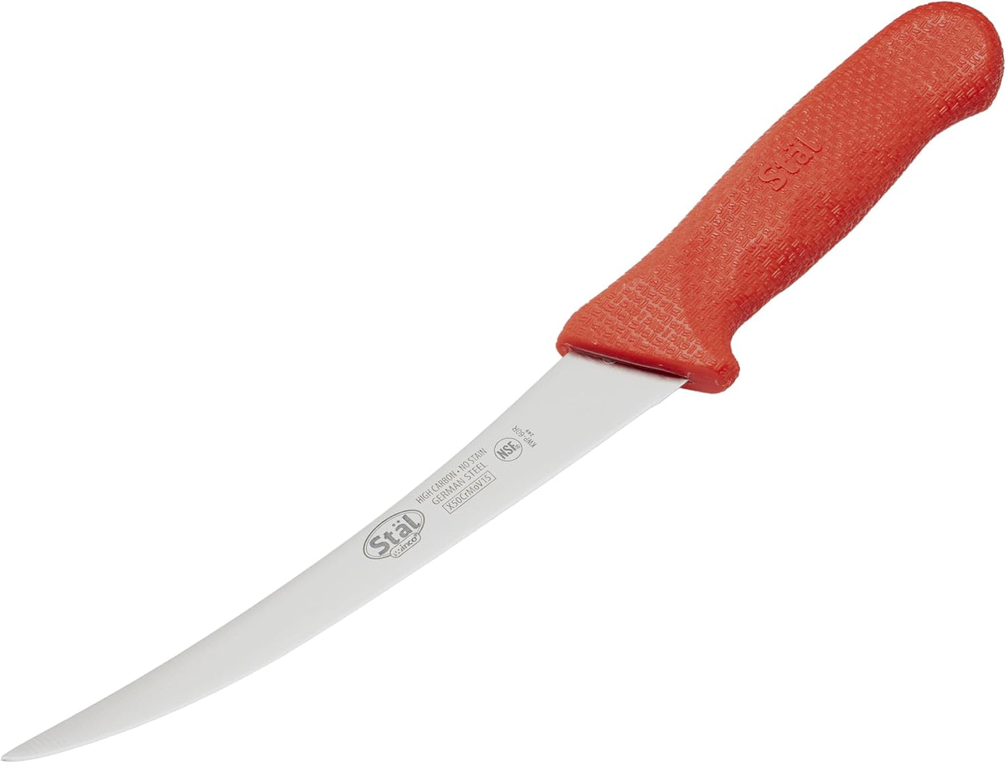 Winco 6" Commercial-Grade German Steel Boning Knife, Curved, Red
