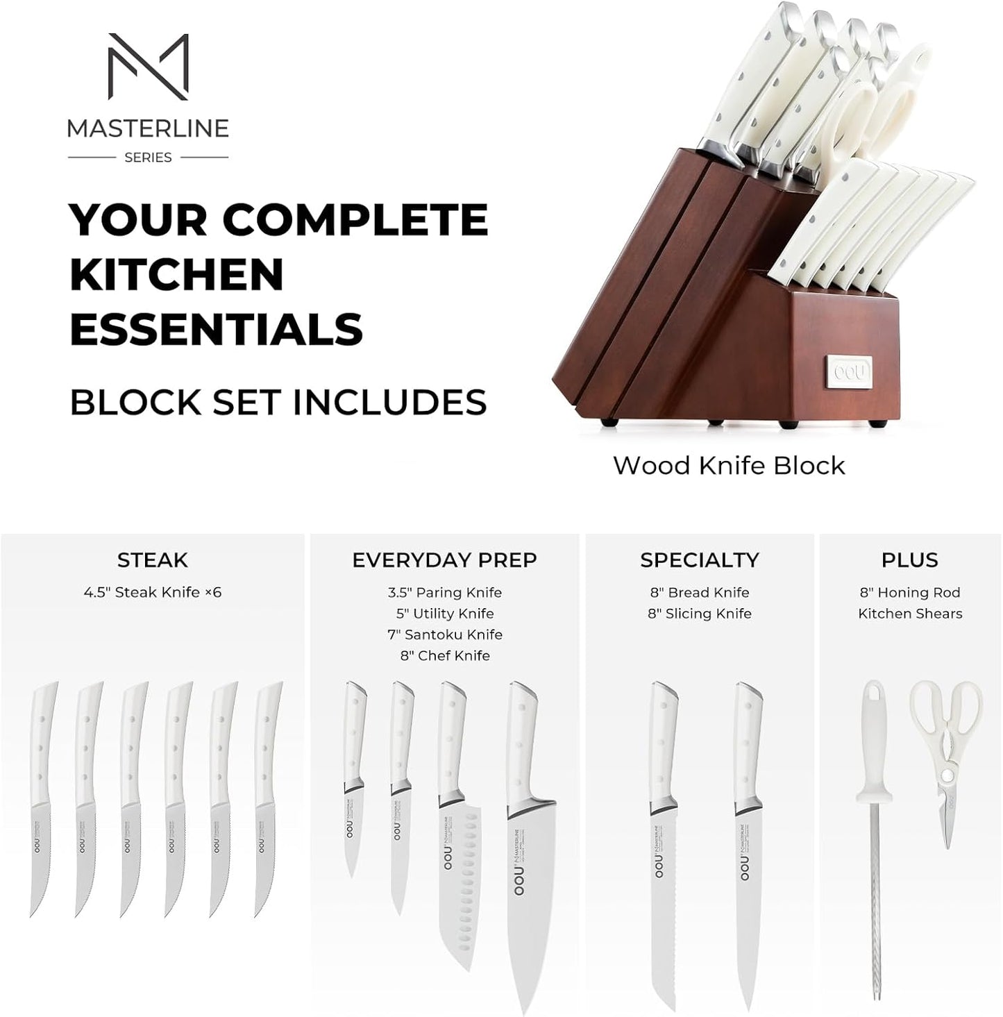 OOU 2025 Kitchen Knife Set with Block, 15-Piece German Stainless Steel Knife Blcok Set with Sharpening Rod, Ergonomic Wood Handle,Premium Razor-Sharp Knives Set for Kitchen