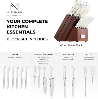 OOU 2025 Kitchen Knife Set with Block, 15-Piece German Stainless Steel Knife Blcok Set with Sharpening Rod, Ergonomic Wood Handle,Premium Razor-Sharp Knives Set for Kitchen
