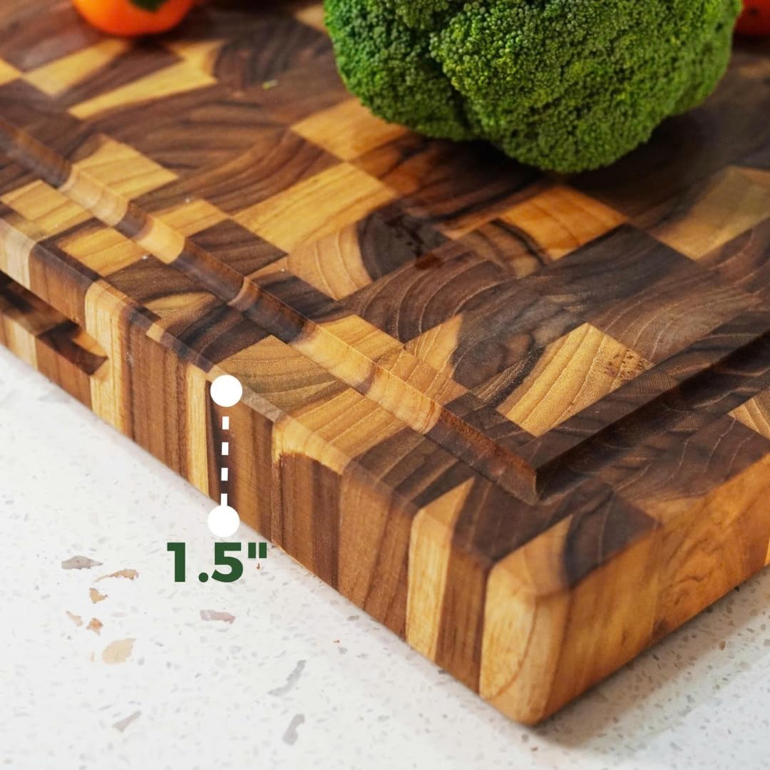 Teak Cutting Board - End Grain Butcher Block, 20 x 14 x 1.5 Inch Large Wood Board with Juice Groove & Side Handles, Extra Thick Carving Board for Meat Prep, BBQ & Charcuterie