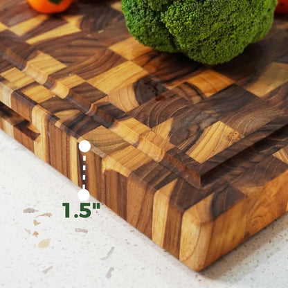Teak Cutting Board - End Grain Butcher Block, 20 x 14 x 1.5 Inch Large Wood Board with Juice Groove & Side Handles, Extra Thick Carving Board for Meat Prep, BBQ & Charcuterie