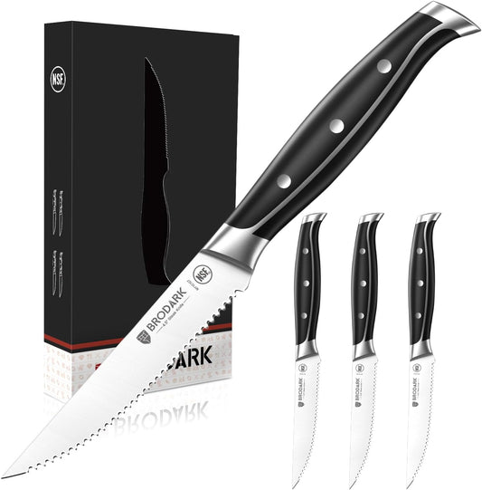 BRODARK Steak Knives Set of 6: 4.5 Inch Serrated Steak Knives with Full Tang Handle - High Carbon Stainless Steel Steak Knife Set - NSF Certified, Steel-King Series