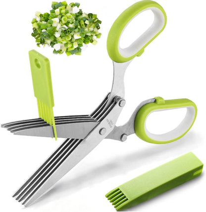 Herb Scissors with 5 Sharp Stainless Steel Blades, for Cutting Chives, Parsley, Basil and more, Includes Cleaning Comb and Safety Cover (Green)