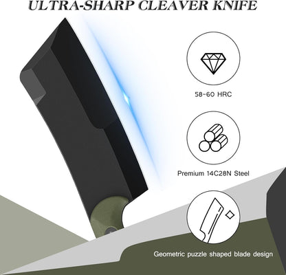 5.5 Inch Butcher Knife, 2-in-1 Chef & Meat Cleaver Knife with Sheath, Multipurpose Full Tang G10 Handle Kitchen Knives for Bone Chopping, 14C28N High Carbon Stainless Steel for Home and Outdoor