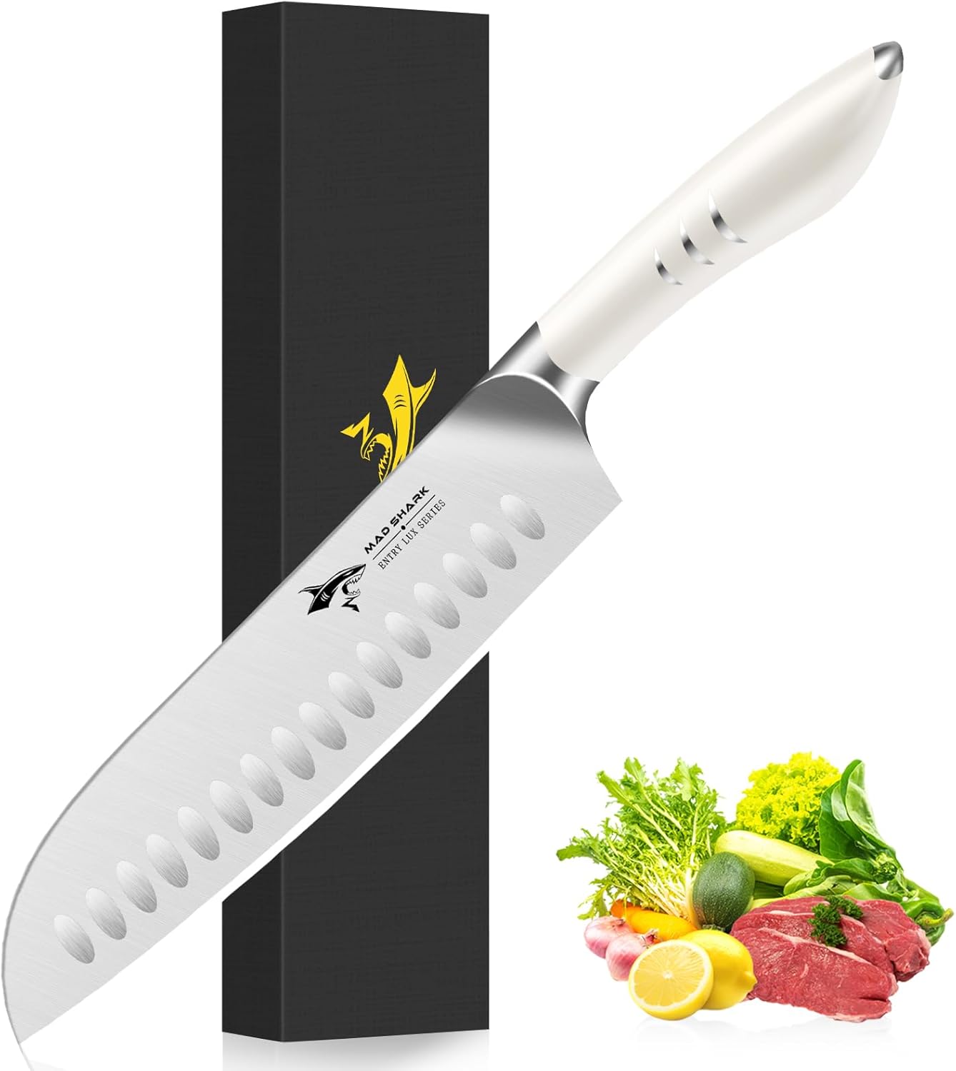MAD SHARK 8 Inch Santoku Knife - Ultra Sharp Japanese Kitchen Knife with High Carbon German Steel, Ergonomic Handle, Ideal for Slicing, Dicing, Cutting - Unique Gift for Chefs, Men & Women (Black)