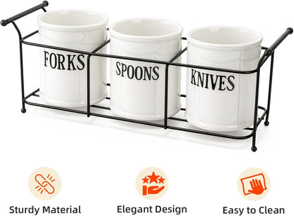 Bekith 3-Piece White Ceramic Silverware Caddy with Black Metal Rack, Utensil Holder Flatware Caddy Cutlery Storage Organizer for Kitchen Table, Cabinet or Pantry