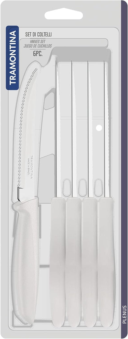 Tramontina Kitchen Knives Set of 6, Serrated Fruit Tomato Cooking Knife, Vegetable Chopper Peeler, Stainless Steel, Multipurpose, Pointed Tip, Brown, 23498454