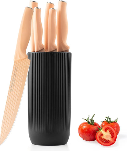 Kitchen Knife Set with Block, 6-Piece Non-stick Stainless Steel Sharp Knives Set for Precision Cutting with Universal Knife Block for Kitchen, Ergonomic Design & Dishwasher Safe, Pink