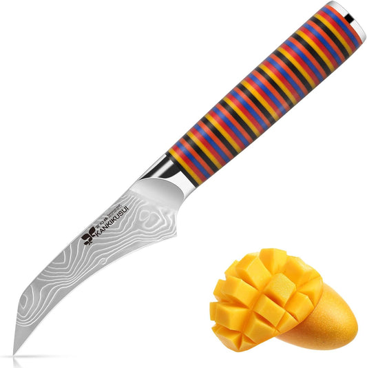 KANKIKUSUI Paring Knives Damascus Forged, 3.9" Fruit Knife, Japanese VG-10 Super Steel 67 Layer Damascus Steel, Fiberglass Cloth and Epoxy Resin Composite Handle