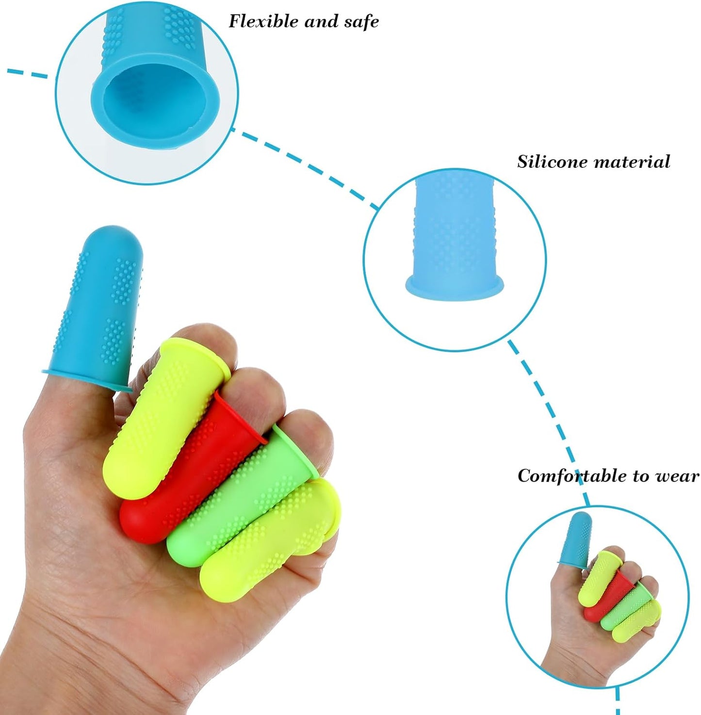 12 PCS Silicone Finger Protectors Covers, 3 Sizes Rubber Finger Tips Office Thumb Guard Sleeves Fingers Thimbles Cots for Hand Sewing Hot Glue Embroidery Cutting Ironing (Yellow Red Blue Green)