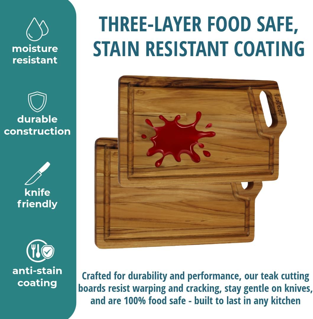 EcoDecors 18"x14" Extra Large Teak Cutting Board, Edge Grain Wood with Juice Groove & Handle, FSC Certified for Kitchen, Carving & Butcher Block Prep