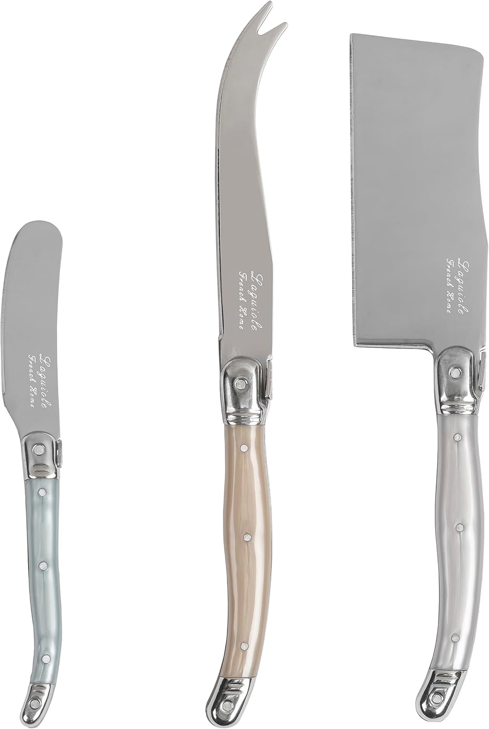 Laguiole Cheese Knife Set of 3 – Charcuterie Accessories w/Faux Ivory Handles – Includes 6.25" Cheese Spreader, 9.25" Spear & 8.5" Cleaver Knife