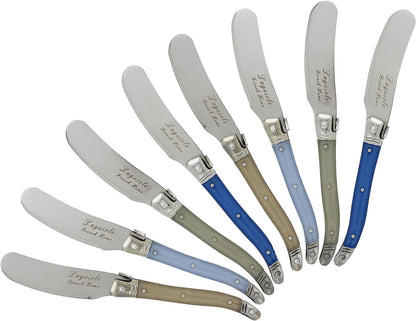French Home Laguiole Spreader Set – 8 Piece Cheese & Butter Spreader Set with Blue and Cream Handles – Elegant & Practical Charcuterie Tools (6.25")