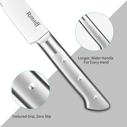 Steak Knives Set of 4, 5-Inch Serrated Stainless Steel Steak Knife Set with Wide Stainless Handle, Gift-Ready Box for Steak Night, BBQ, Housewarming & Wedding